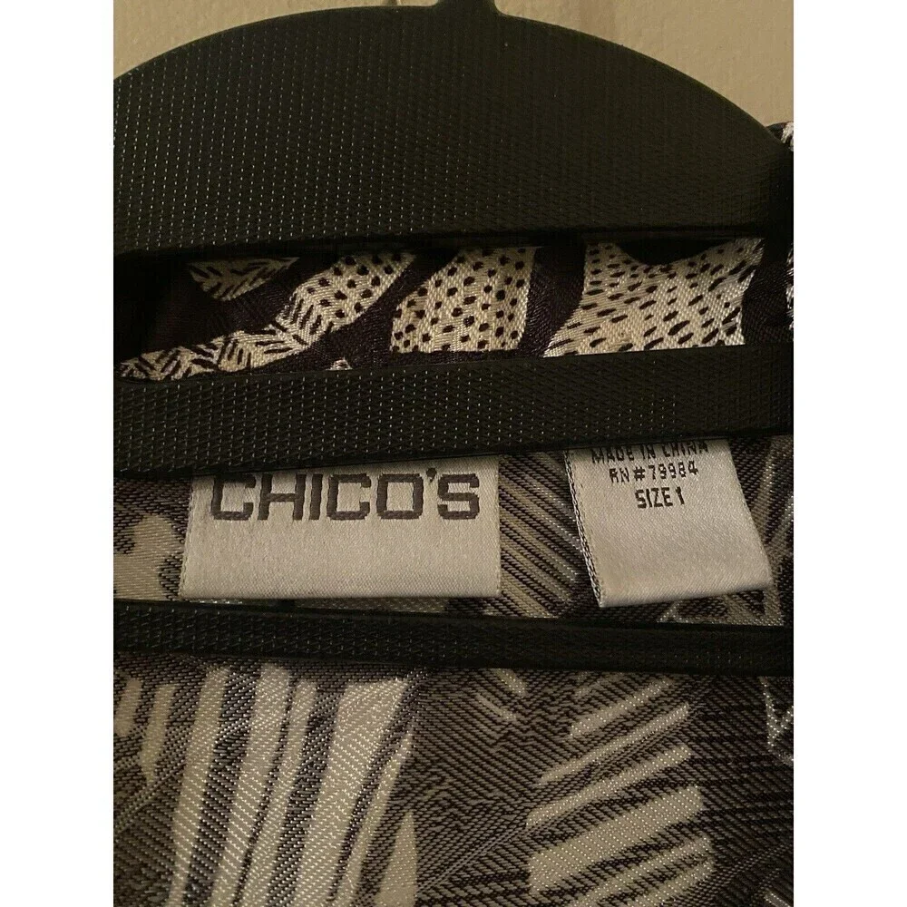 Chico's Shirt Women's 1 Black White Floral Print Rayon Long Sleeve Button-Up